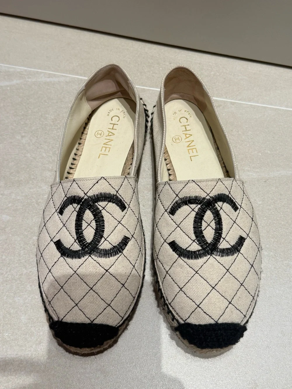 CHANEL Beige Quilted Espadrilles with Black CC Emblem